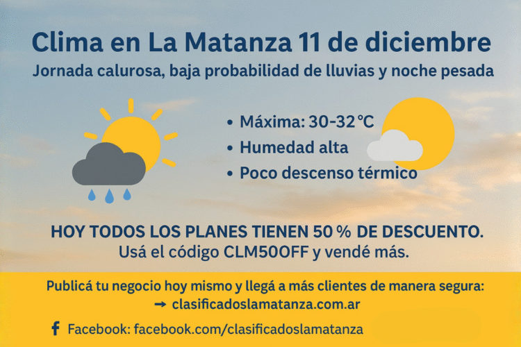 Clima en La Matanza 11 de diciembre: jornada calurosa, baja probabilidad de lluvias y noche pesada