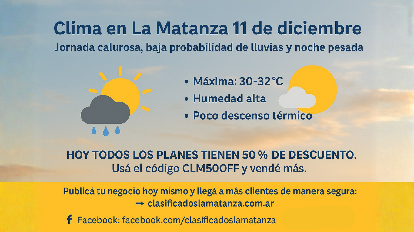 Clima en La Matanza 11 de diciembre: jornada calurosa, baja probabilidad de lluvias y noche pesada