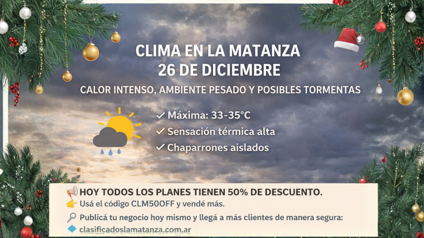 Clima en La Matanza 26 de diciembre: calor intenso, ambiente pesado y posibles tormentas